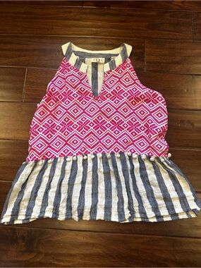 THML Pink Geometric Halter Tank with Denim & White Striped Peplum